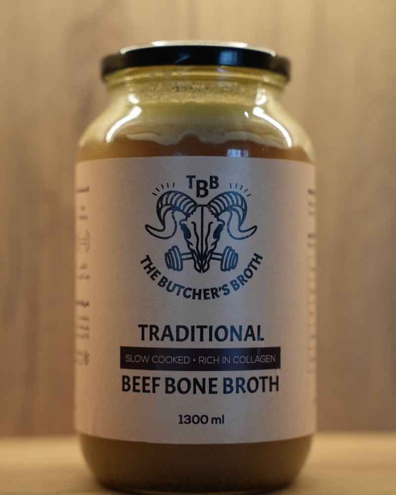 1300 ml large glass jar of The Butcher's Broth traditional beef bone broth