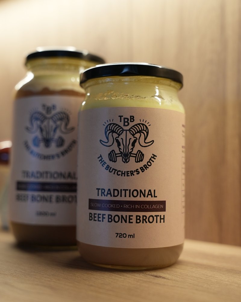 720 ml glass jar of The Butcher's Broth traditional beef bone broth