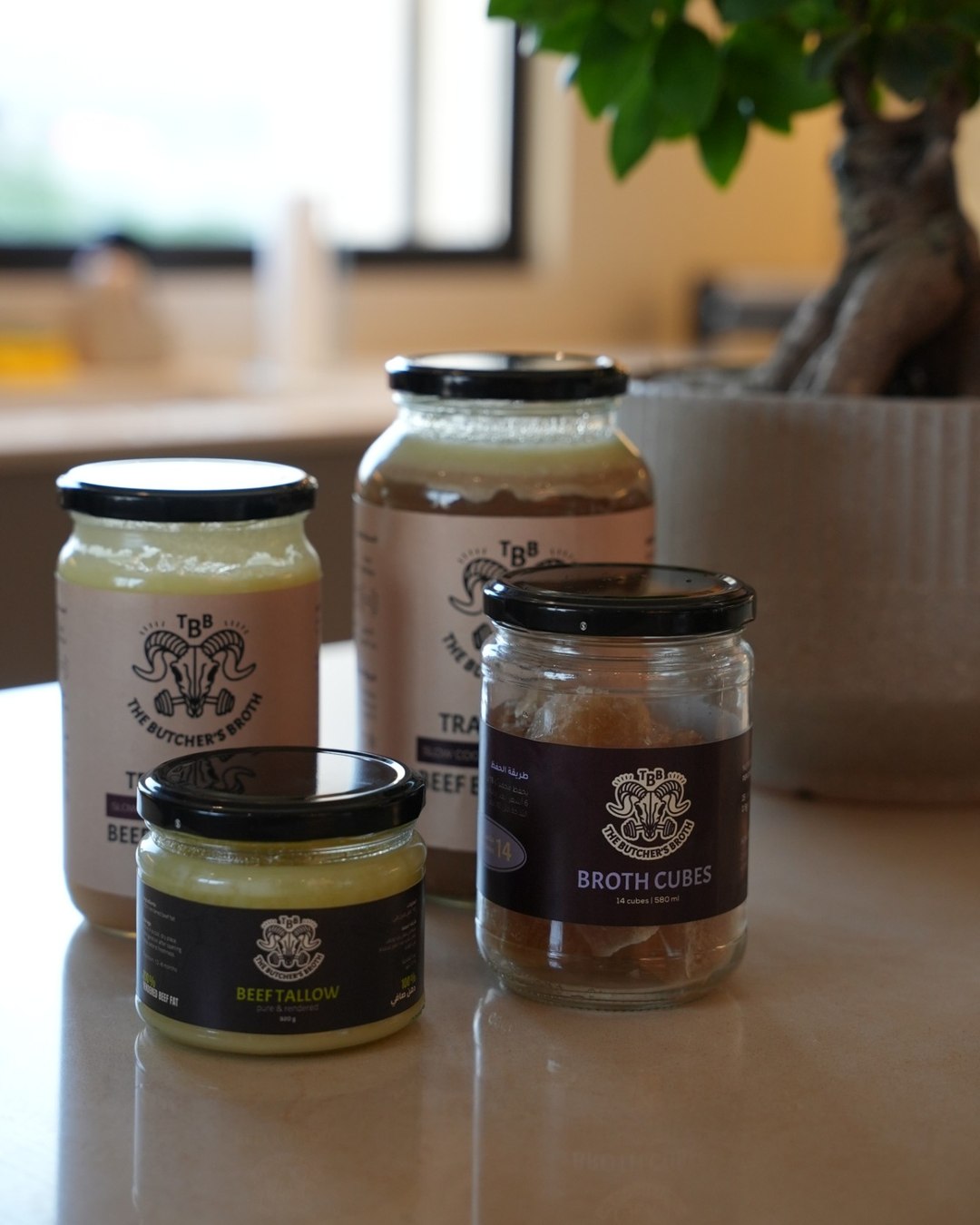 The Butcher's Broth range: 720 ml and 1300 ml jars of beef bone broth, beef tallow and broth cubes